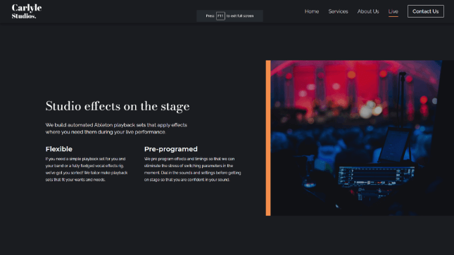 A screenshot of the live show section on the Carlyle Studios website