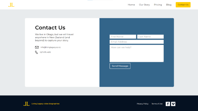 A screenshot of the contact page of the Living Legacy website