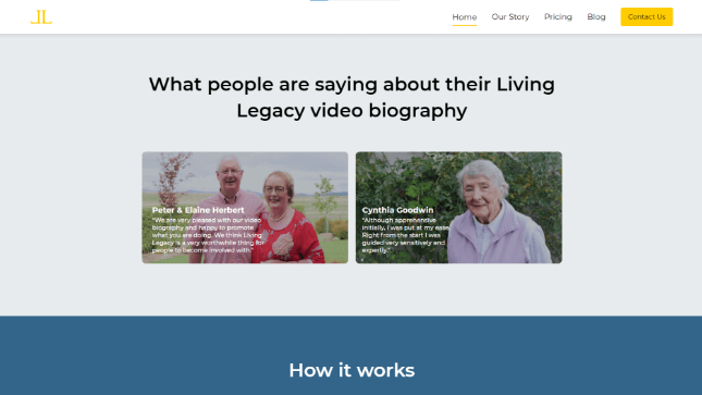 A screenshot of the testimonial section of the Living Legacy website