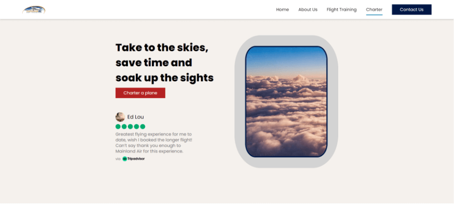 A screenshot of the new Mainland Air charter page hero section