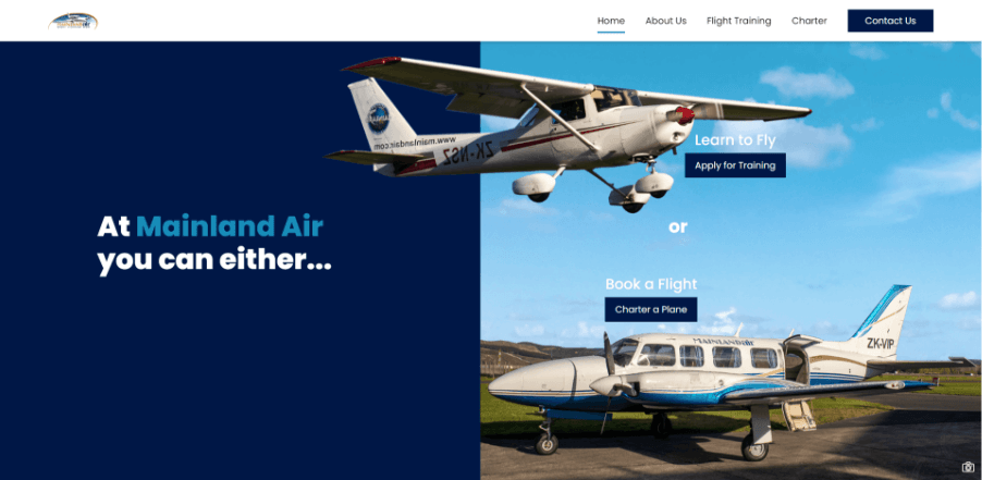 A screenshot of the new Mainland Air home page hero section