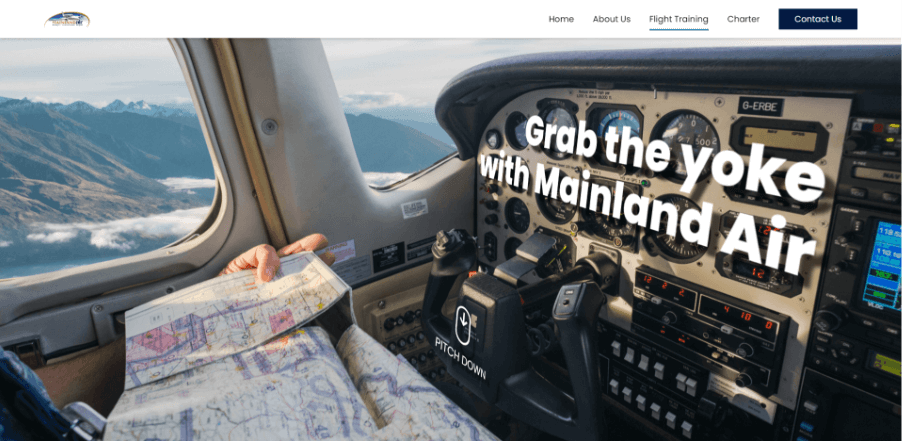 A screenshot of the new Mainland Air flight training page hero section