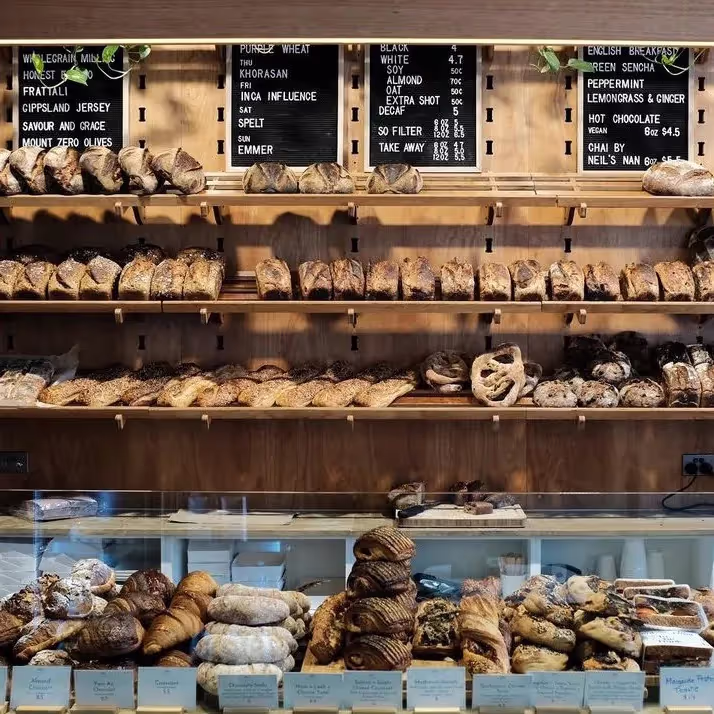 Bread wall in a bakery.