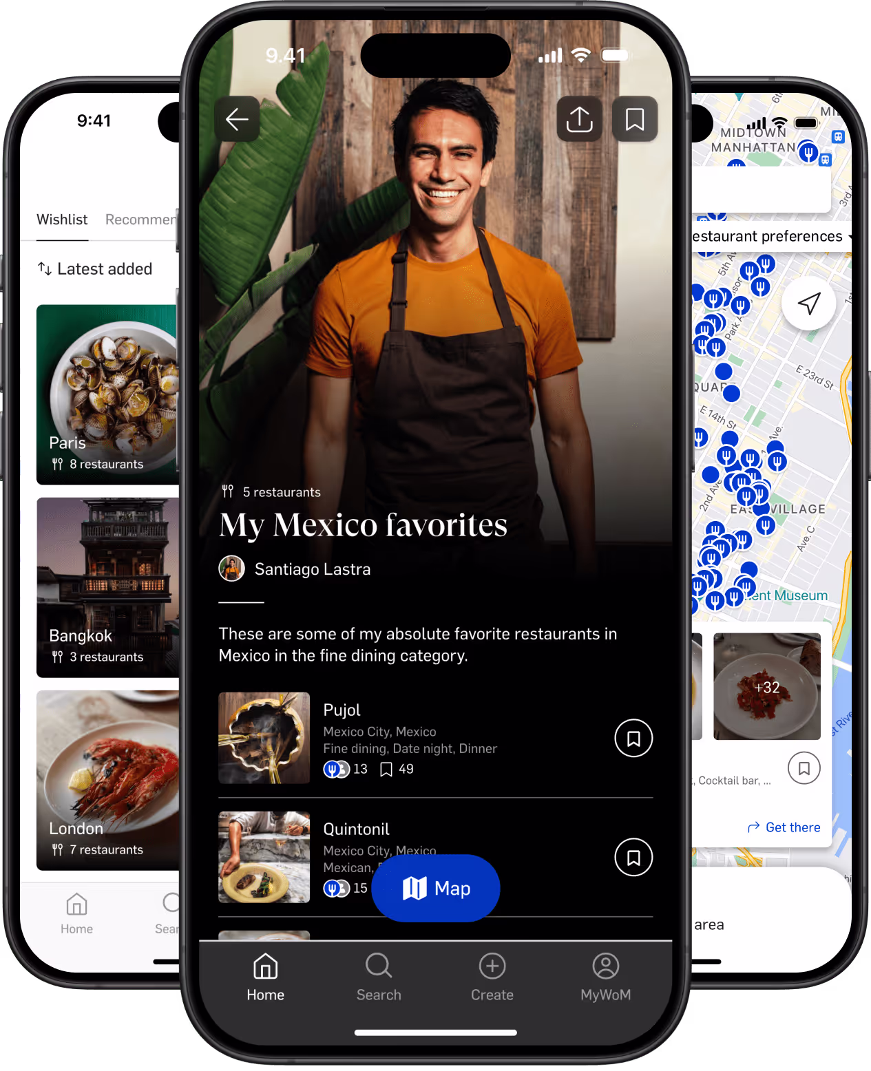 Three screens of World of Mouth app.