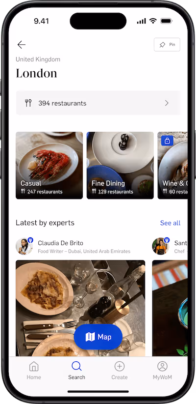 App screen of World of Mouth app featuring destination page, London.