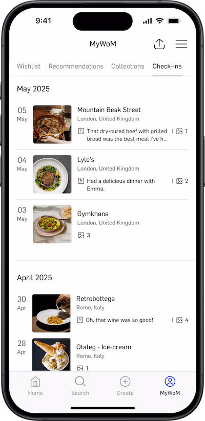 Restaurant check-ins on phone screen.