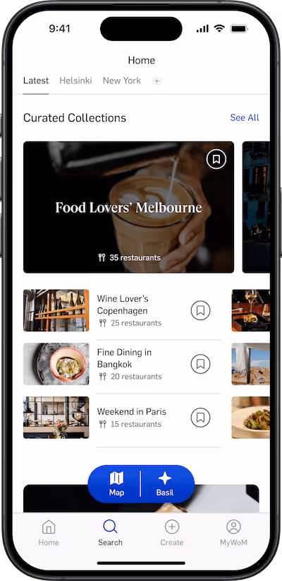 Entrypoints to World of Mouth Curated Collections in the phone screen.