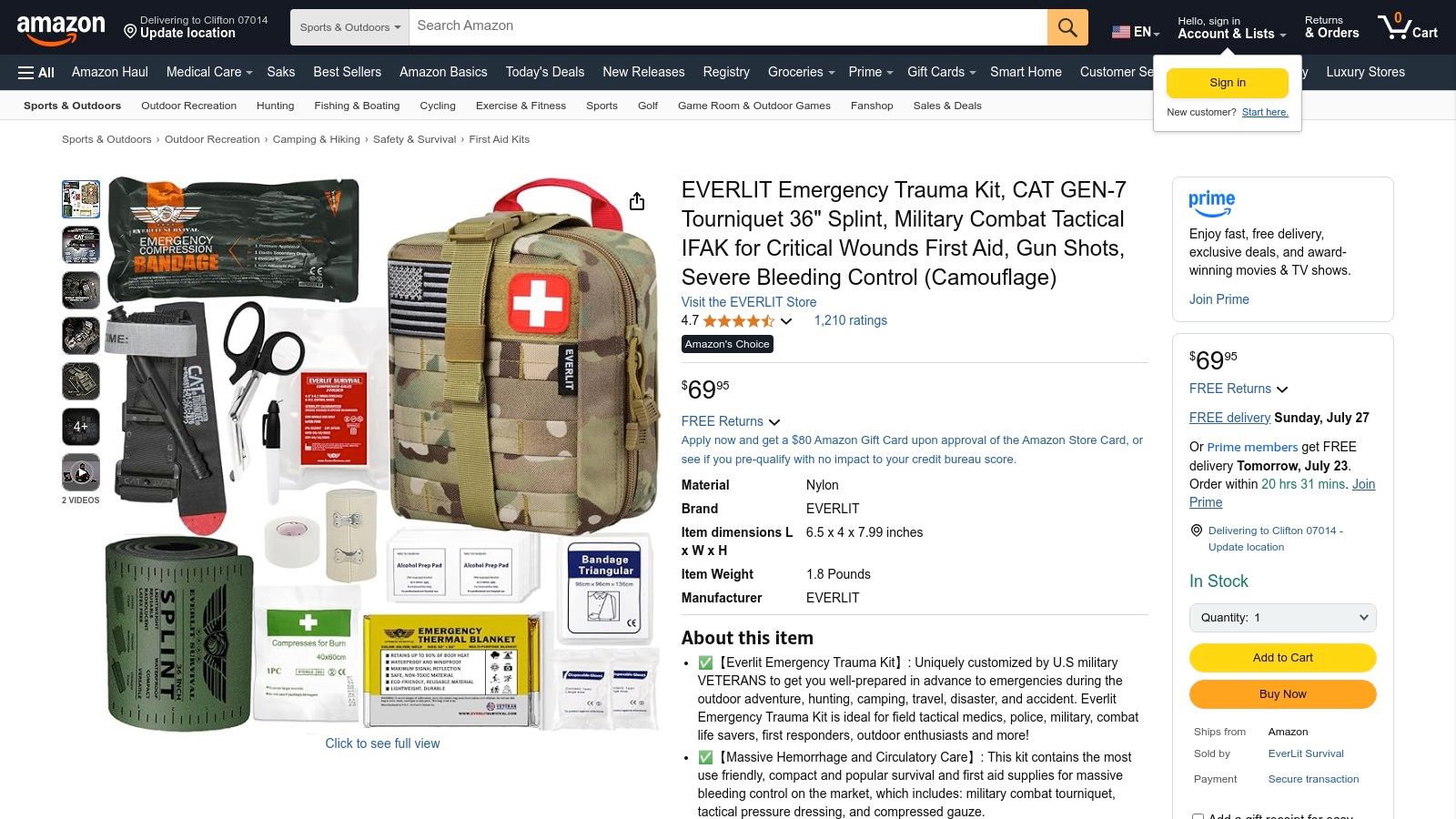 Amazon – EVERLIT Emergency Trauma Kit