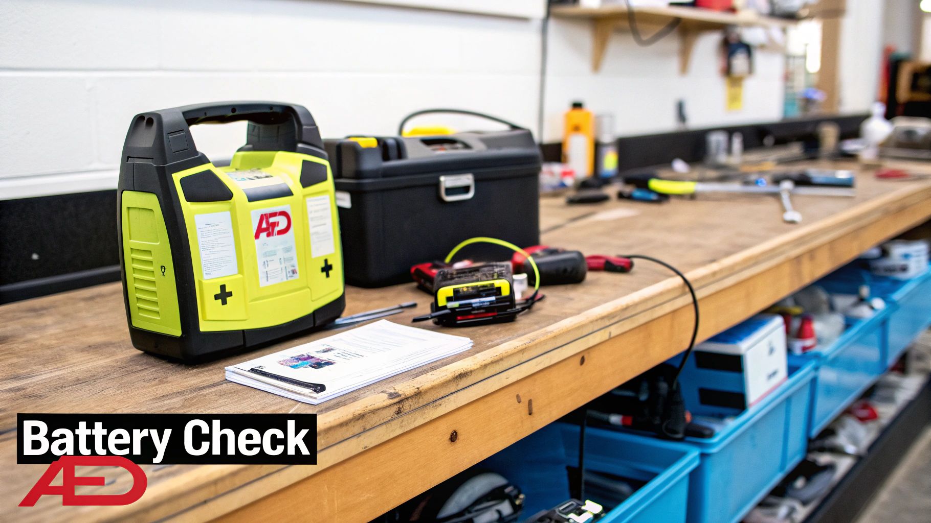 An AED battery being inspected as part of a maintenance checklist