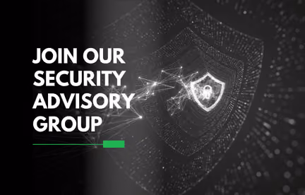 Digital shield with lock icon and text inviting to join our security advisory group.