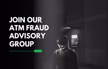 Hooded figure with masked face stands near an ATM with text: Join our ATM fraud advisory group.