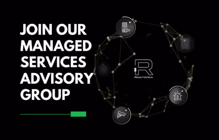 Text inviting to join managed services advisory group with RemoteView logo and connected icons on black background.