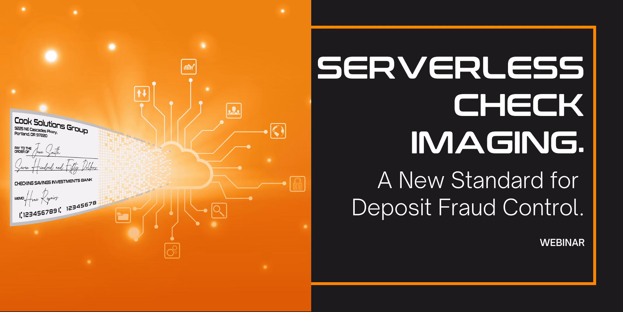 A digital check image entering a cloud with icons; text highlights serverless check imaging for fraud control.