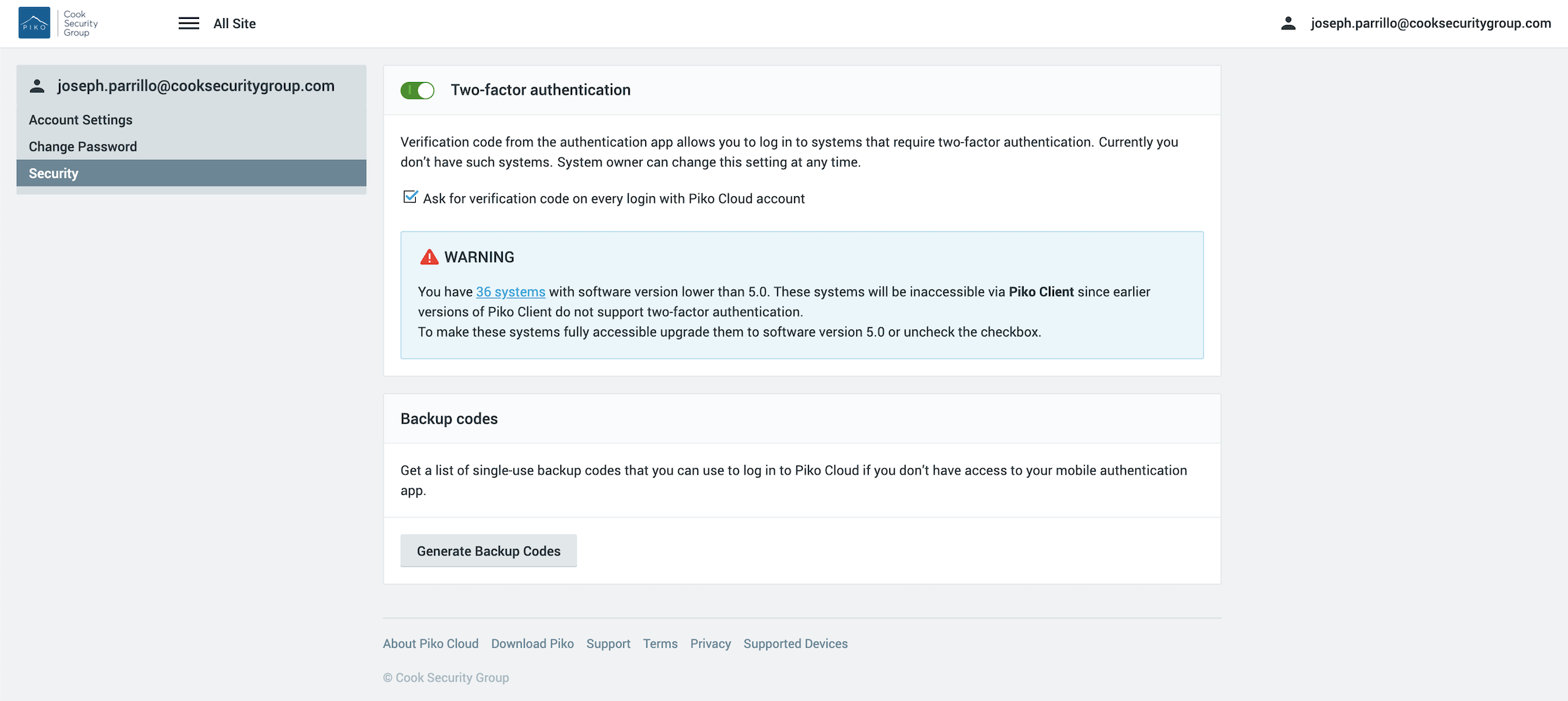 Set up MFA in cloud Piko VMS