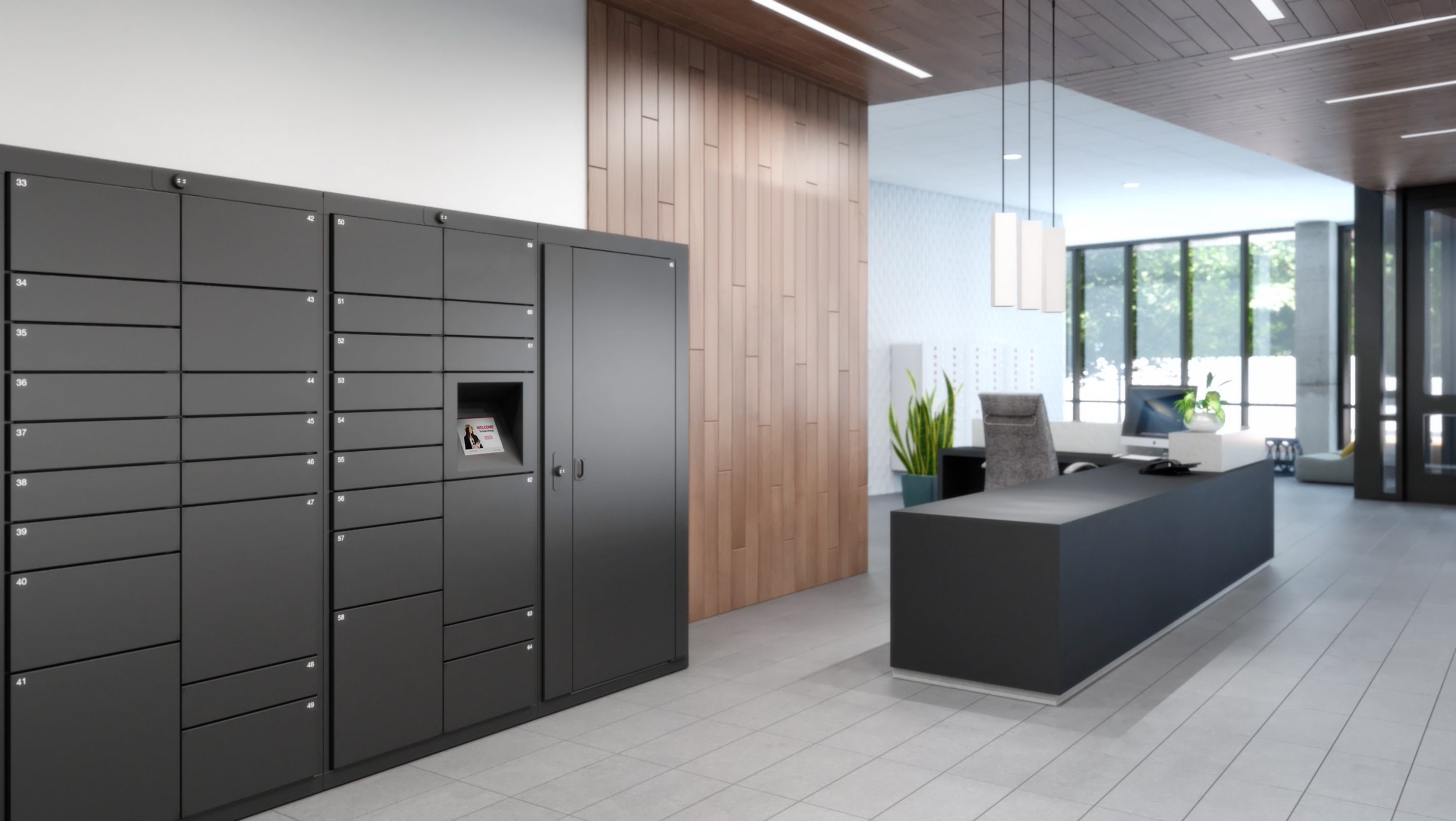 Smart lockers in a lobby of a FI or commercial building