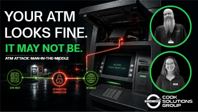 CSG experts discuss how a man-in-the-middle attack intercepts ATM network communications, with a black-box device shown inside an open ATM