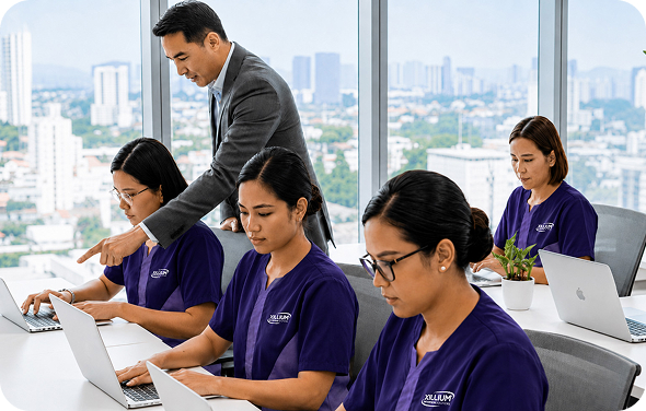 Xillium virtual referral team working alongside a client at their office