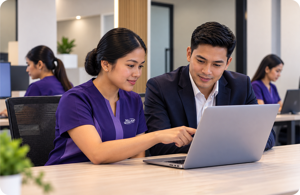 Xillium team member and manager working together at a laptop
