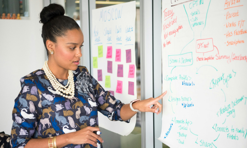Presenter pointing at white board