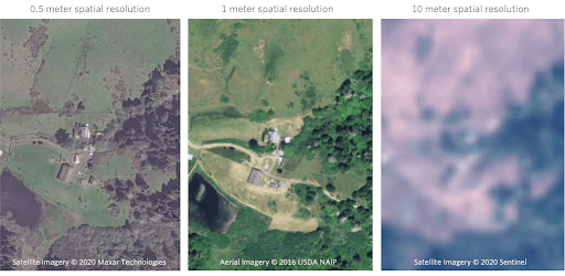 Three images of the same scene at 0.5 meter, 1 meter, and 10 meter spatial resolutions