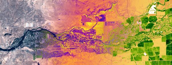 Satellite imagery of a riparian area, fading from truecolor to NDWI to NDVI