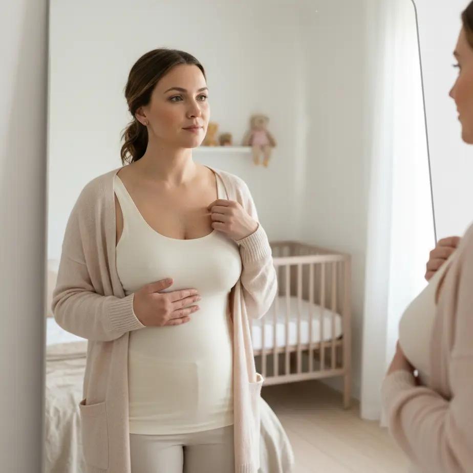 Mlada mamica doma opazuje svoj prsni koš v ogledalu in razmišlja o povečanju ali dvigu prsi po dojenju za lepšo obliko.