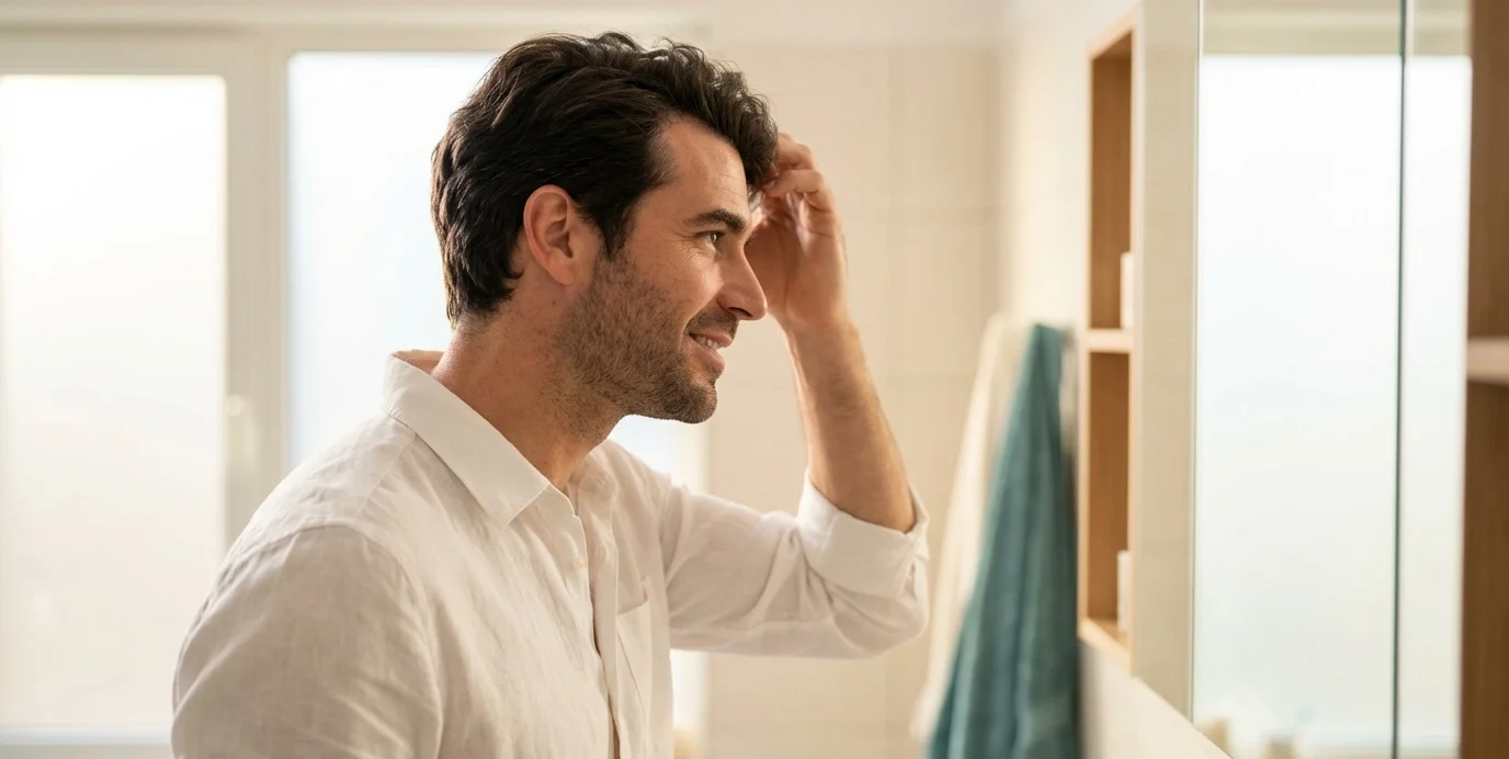 Samozavesten moški po presaditvi las s tehniko FUE, ki v ogledalu opazuje naravne rezultate in gostoto las.