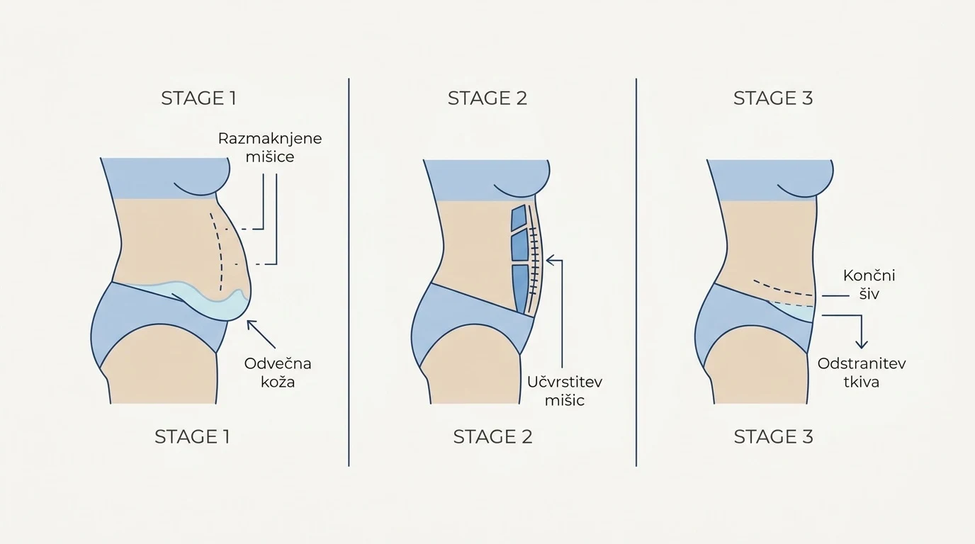 Shematski prikaz korakov abdominoplastike, ki vključuje učvrstitev trebušnih mišic in odstranitev odvečne kože.