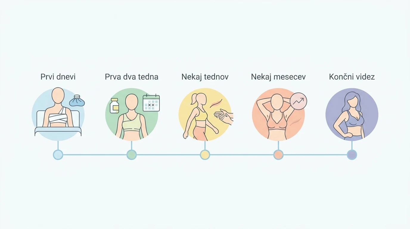 Shematski prikaz časovnega poteka okrevanja po estetskem dvigu prsi s ključnimi fazami celjenja.