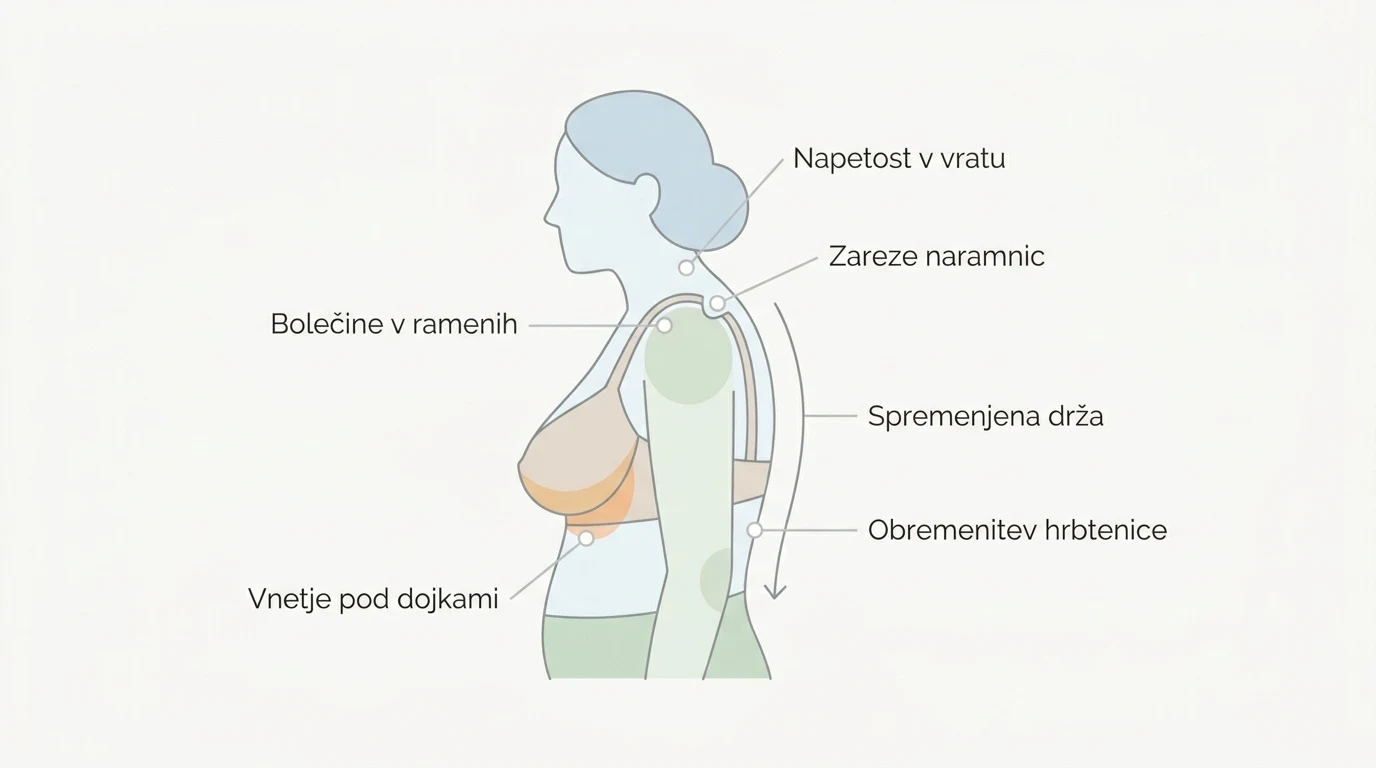Shematski prikaz telesnih obremenitev zaradi prevelike teže dojk, ki vpliva na držo, hrbtenico in ramenski obroč.