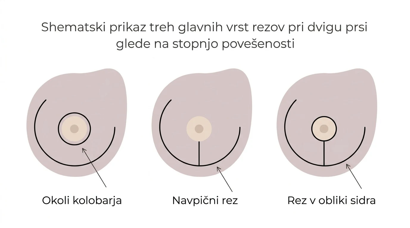 Shematski prikaz treh različnih tehnik rezov za dvig prsi: okoli kolobarja, navpični rez in rez v obliki sidra.