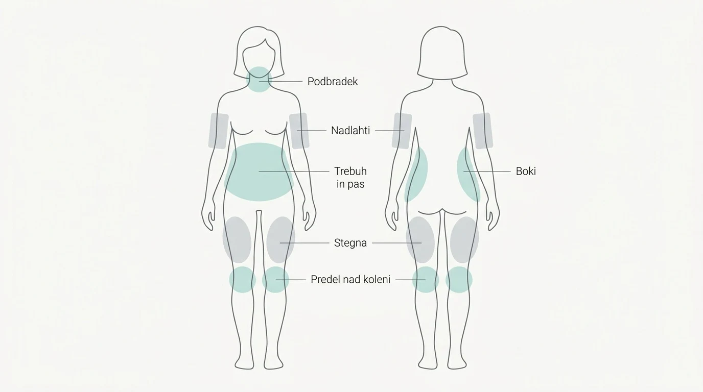 Shematski prikaz najpogostejših predelov telesa za oblikovanje z liposukcijo, kot so trebuh, boki in stegna.