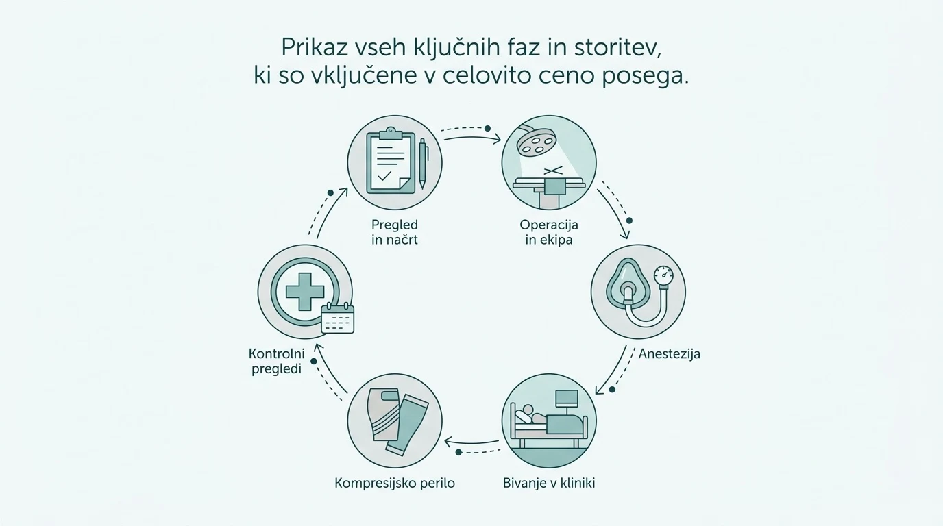 Shematski prikaz vseh storitev, ki so vključene v celovito ceno operacije trebuha.