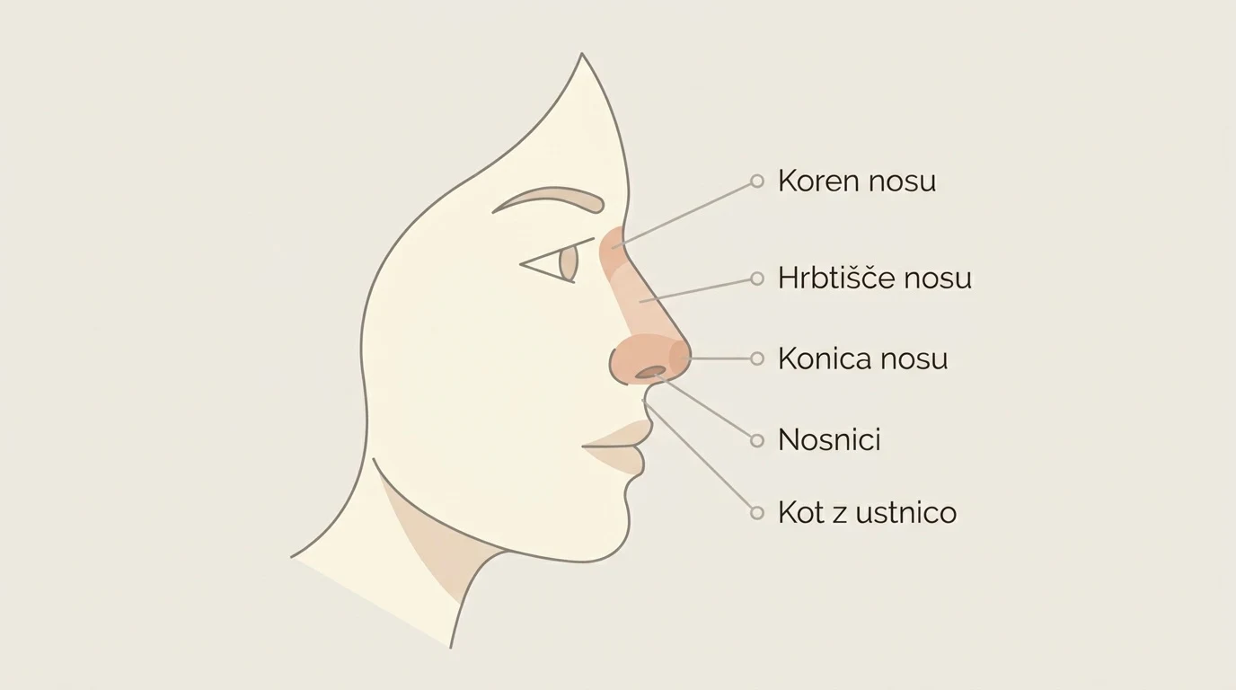 Shematski prikaz anatomije nosu s profilne strani, ki označuje ključne predele za estetsko preoblikovanje.