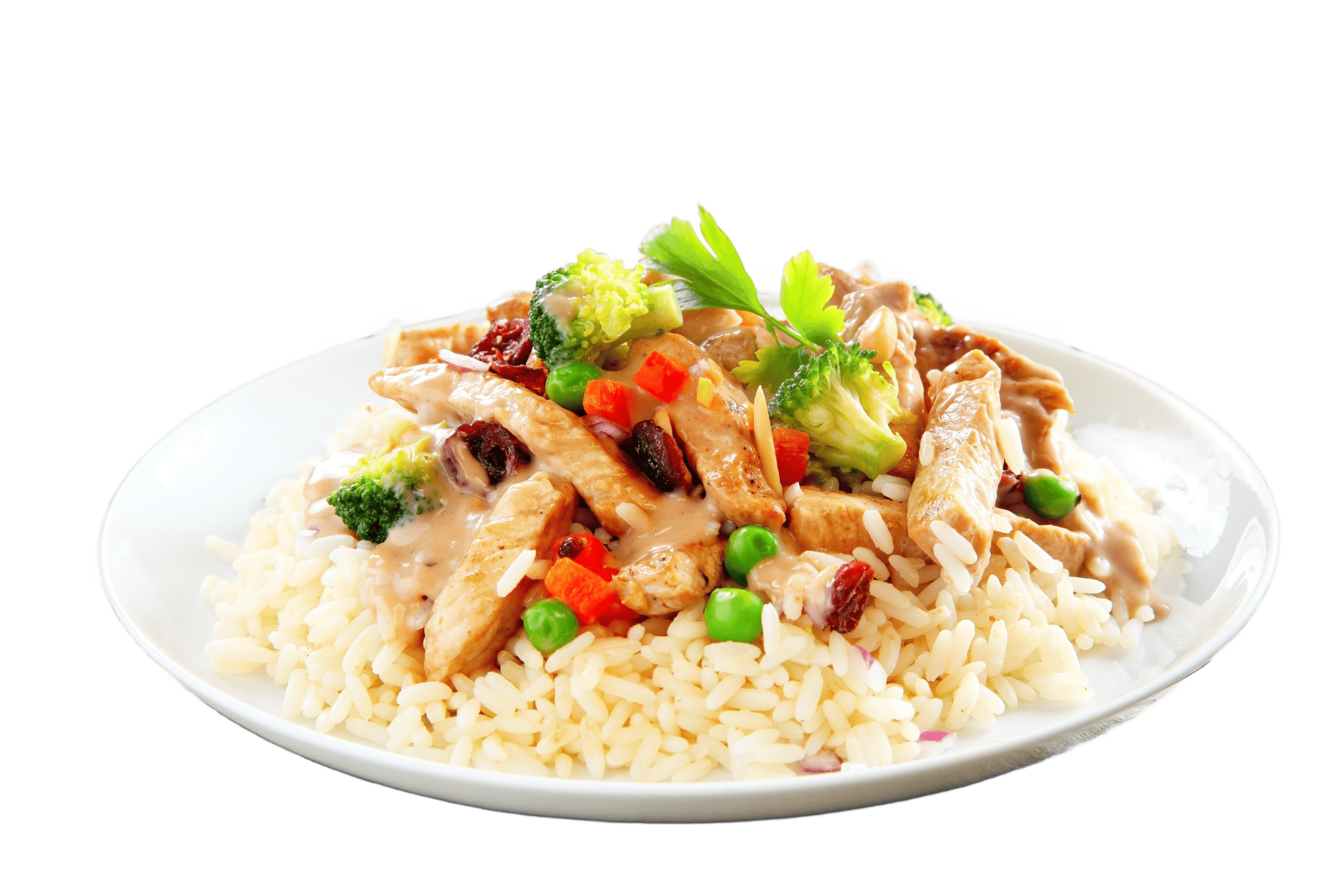 plate of rice, peas, broccoli, and chicken