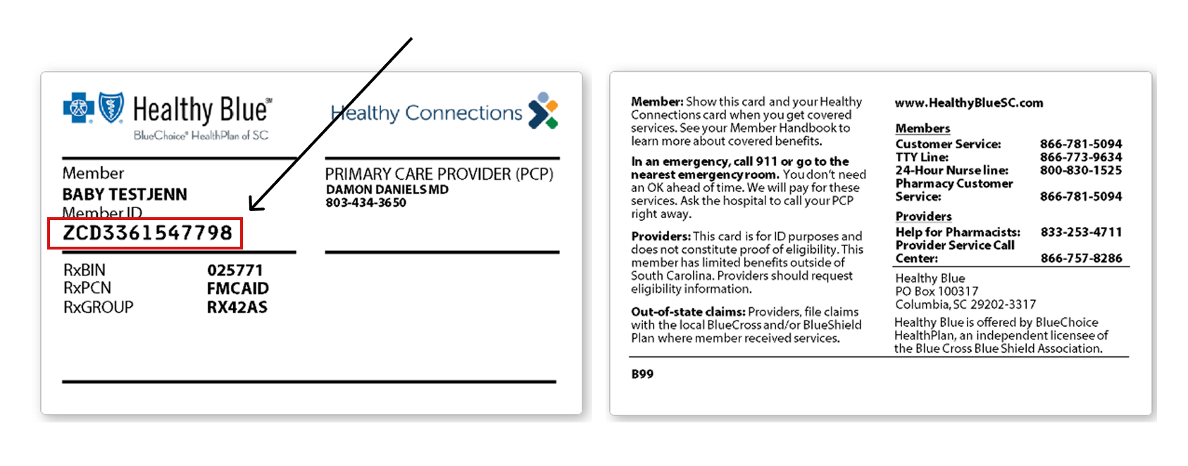 Healthy Blue example member ID card