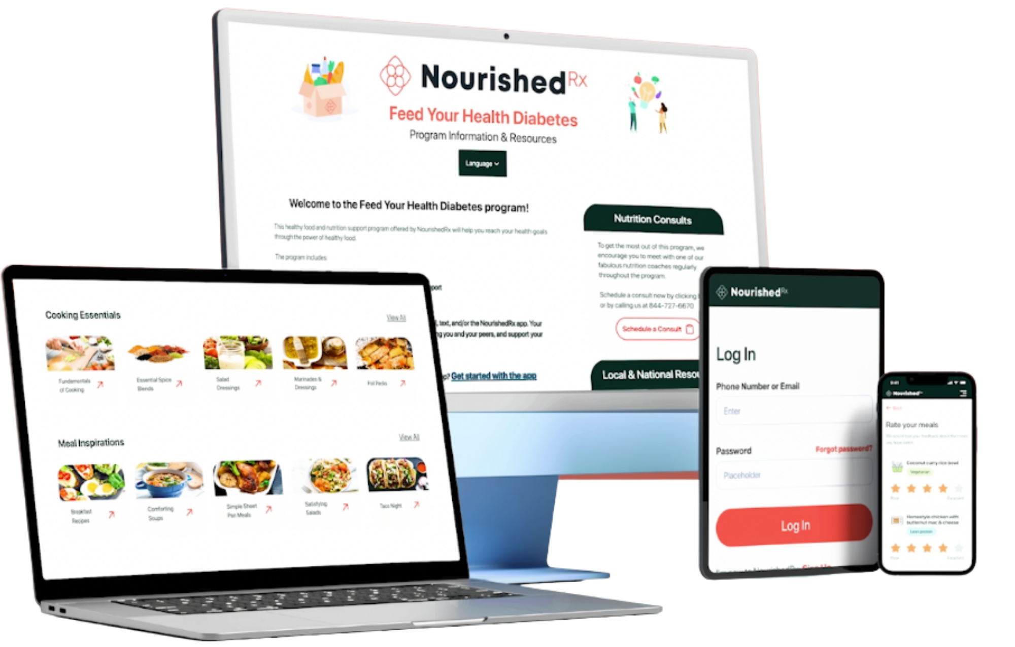 Nourishedrx platform viewed on a laptop, desktop, tablet, and smartphone