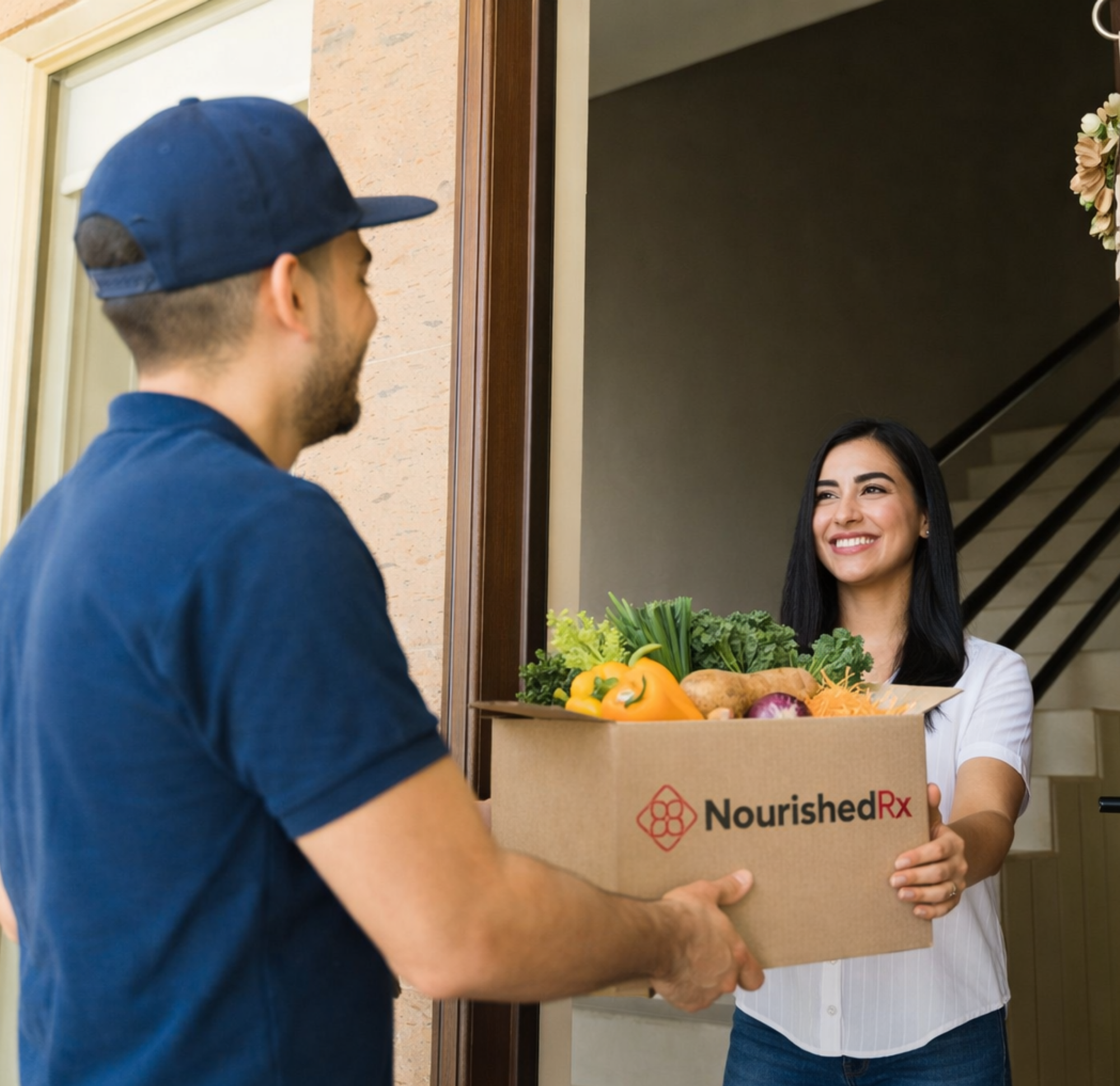 delivery man handing woman a fresh produce box