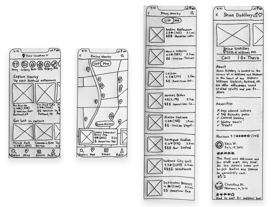 Four images of the paper prototype screens.