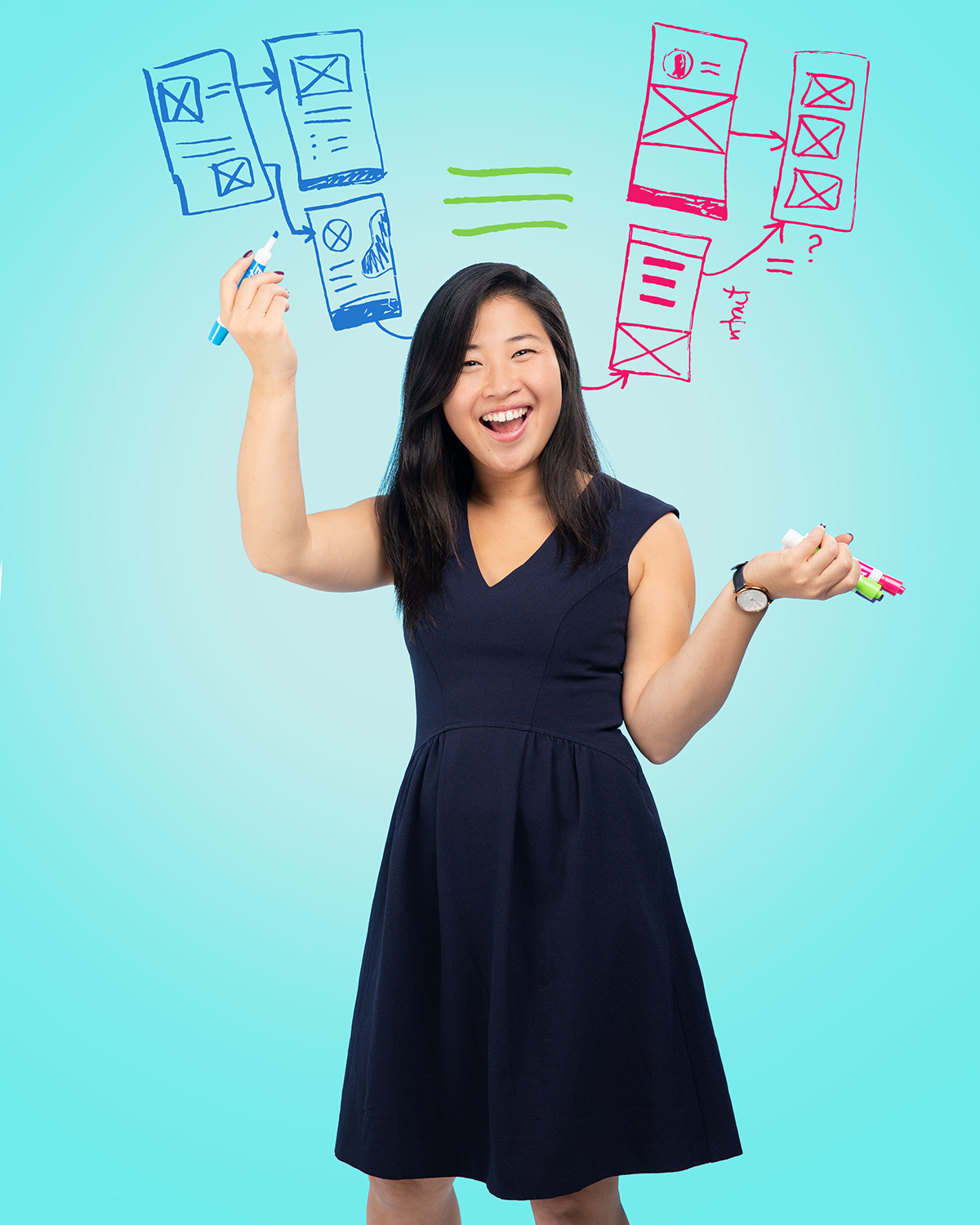 Elena portrait standing holding a white board marker with wireframe doodles as the background