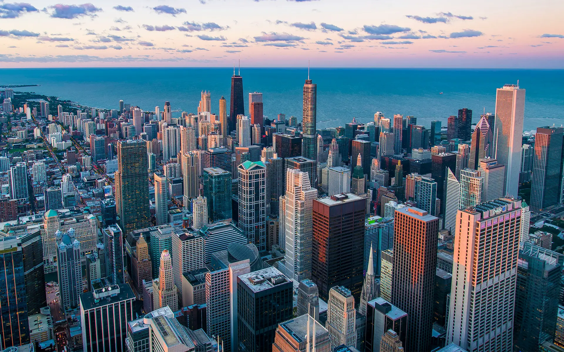The city of Chicago, downtown and skyscraper view.