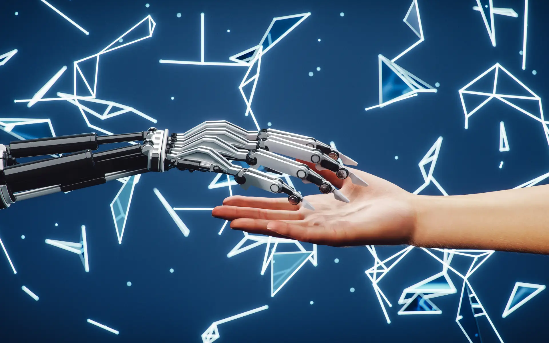 A robotic hand reaching for a human hand on a blue background representing the blend of AI and humanity we need for the future