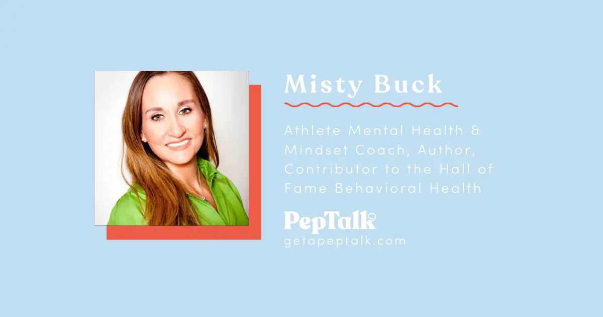A promotional image featuring Misty Buck. She is smiling and wearing a green shirt. The text beside her reads: "Misty Buck, Athlete Mental Health & Mindset Coach, Author, Contributor to the...