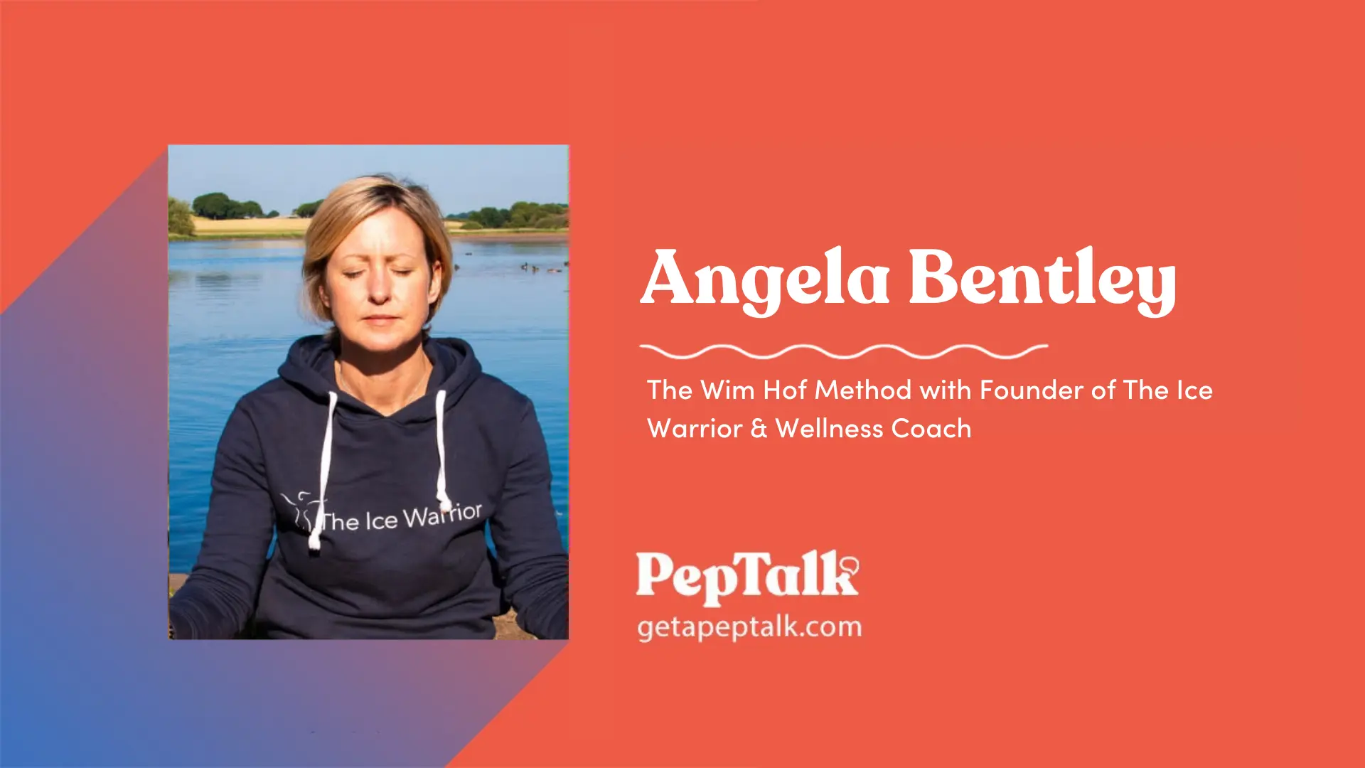 A woman with short hair is sitting cross-legged with her eyes closed, wearing a dark hoodie with "The Ice Warrior" written on it. She is outdoors near a body of water. The text on the image...