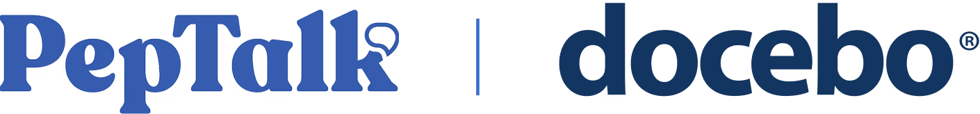 Logo showing the partnership between PepTalk and Docebo, with "PepTalk" in stylized blue text and a speech bubble icon, separated by a vertical line from the "docebo" logo in dark blue lowercase letters.