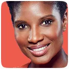 Portrait of a smiling woman with smooth skin against an orange background.