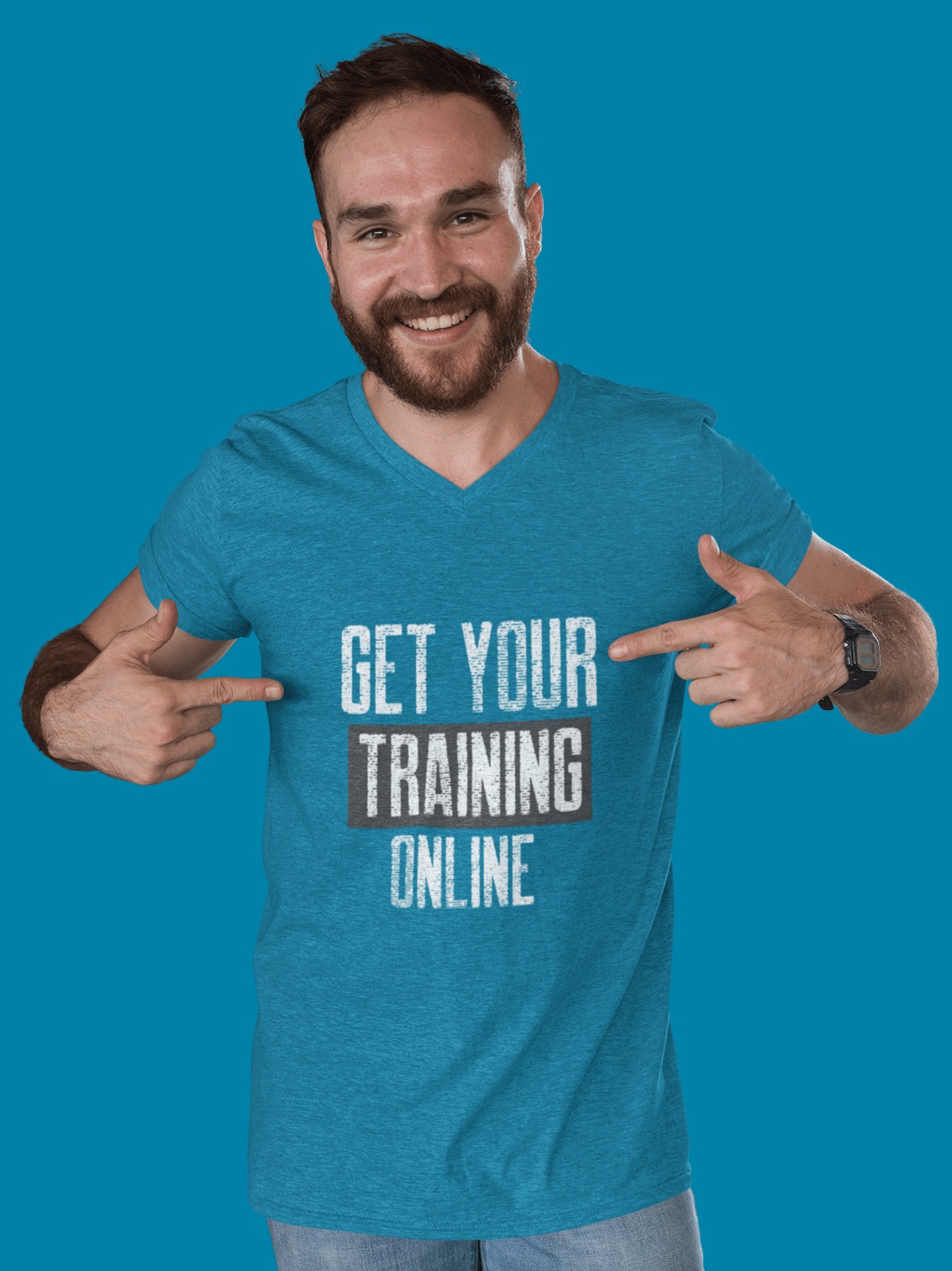Man pointing at shirt saying 'get your training online'