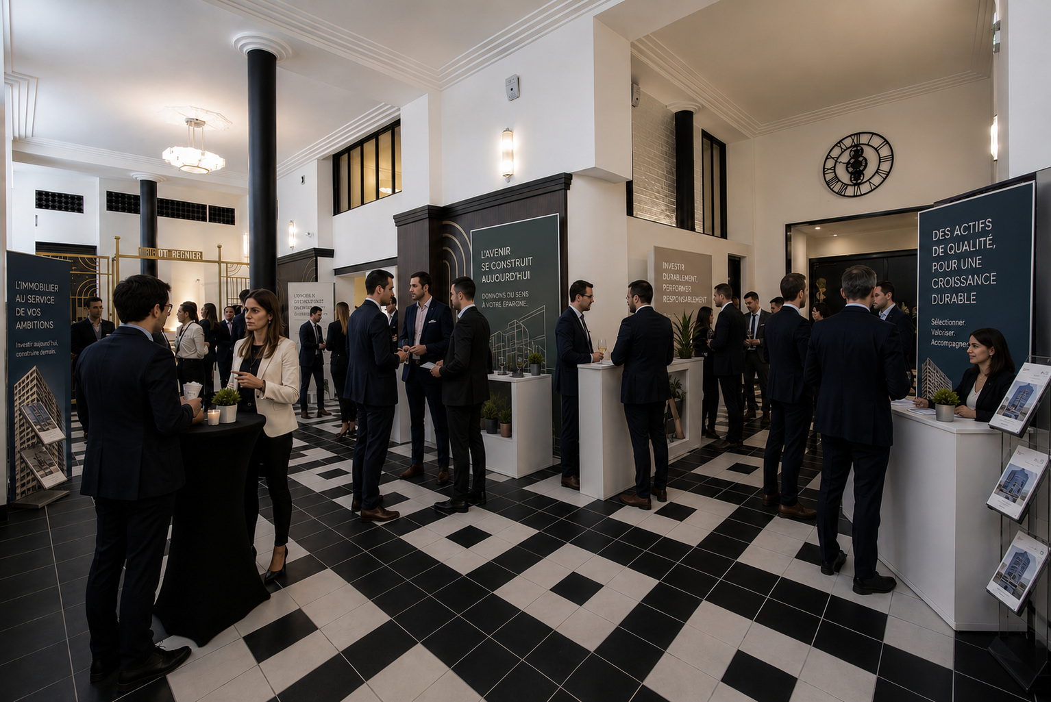 Professionals networking in a modern lobby with black-and-white tiled floors and informational displays.