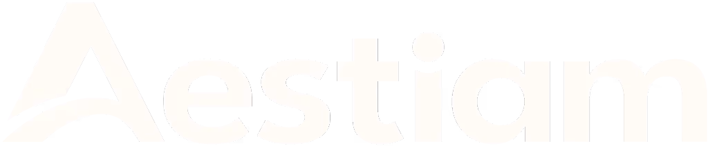 Aestiam brand logo text in a stylized font on a black background.