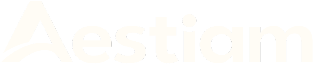 Aestiam brand logo text in a stylized font on a black background.